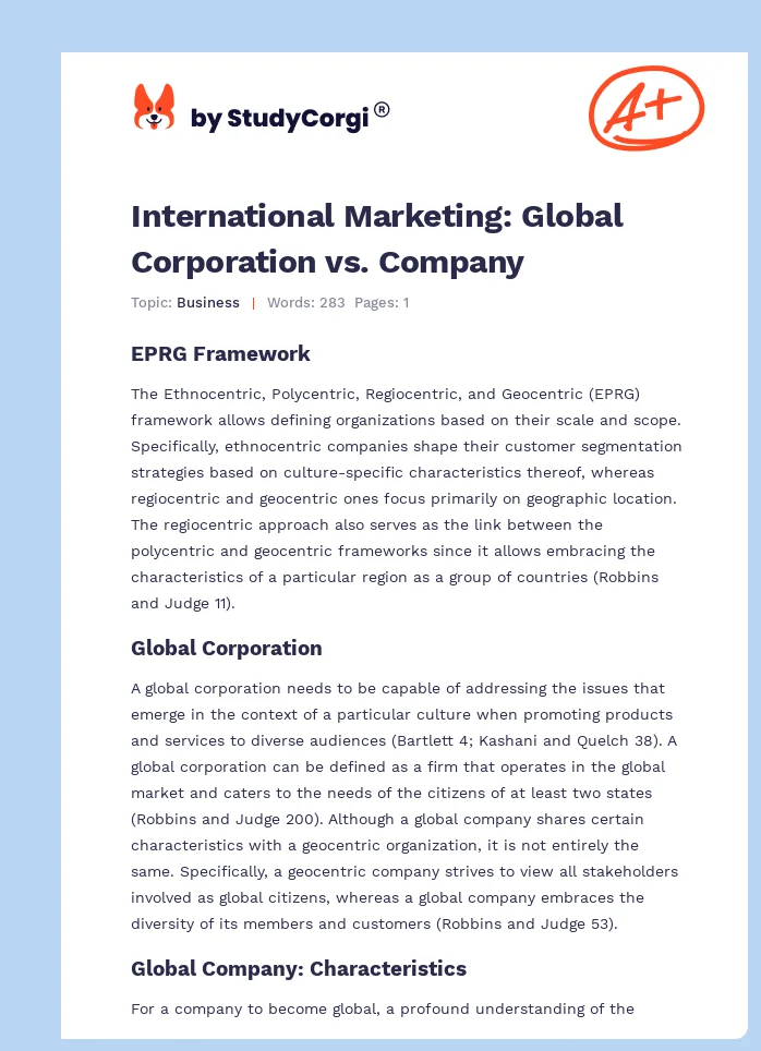 International Marketing: Global Corporation vs. Company. Page 1