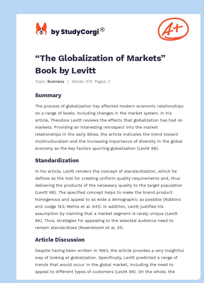 “The Globalization of Markets” Book by Levitt. Page 1