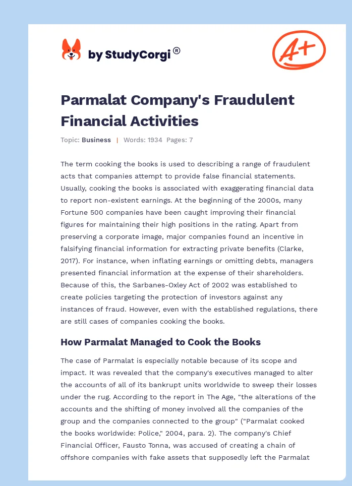Parmalat Company's Fraudulent Financial Activities. Page 1