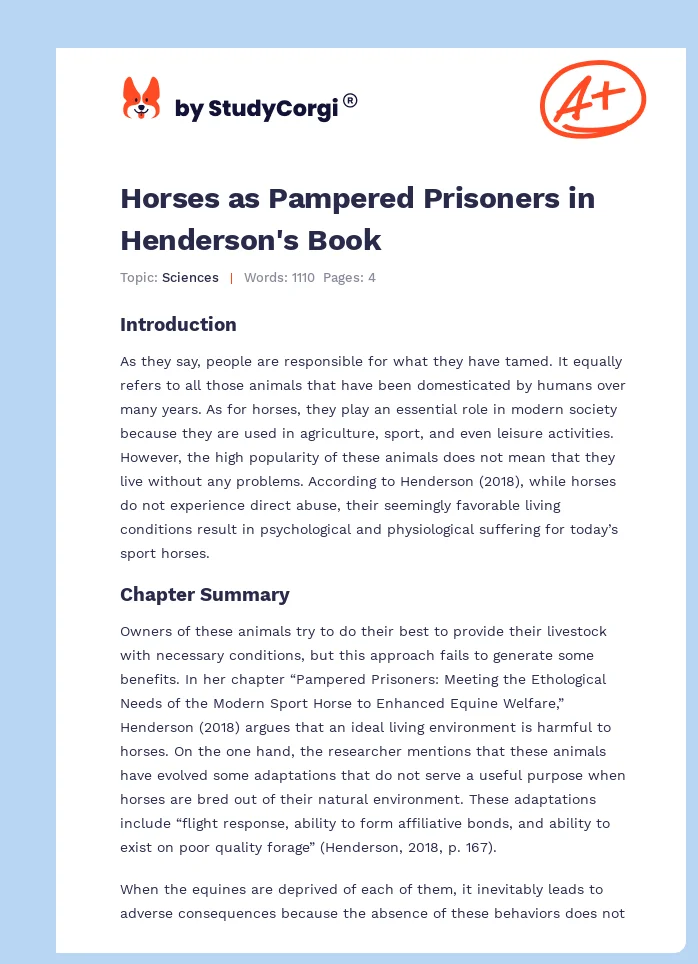 Horses as Pampered Prisoners in Henderson's Book. Page 1