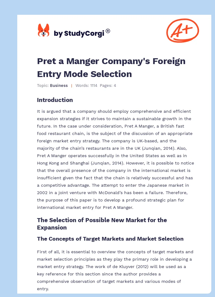 Pret a Manger Company's Foreign Entry Mode Selection. Page 1