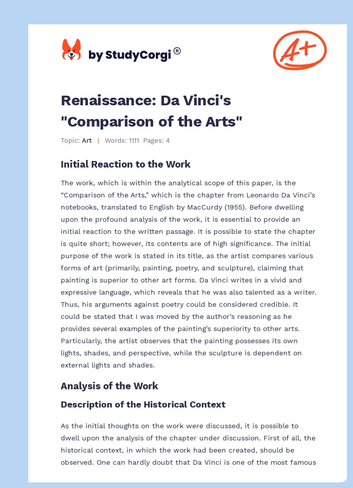 Renaissance: Da Vinci's "Comparison of the Arts". Page 1