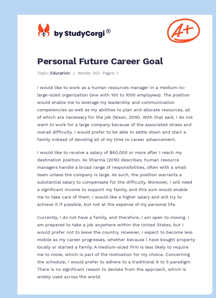 Personal Future Career Goal. Page 1