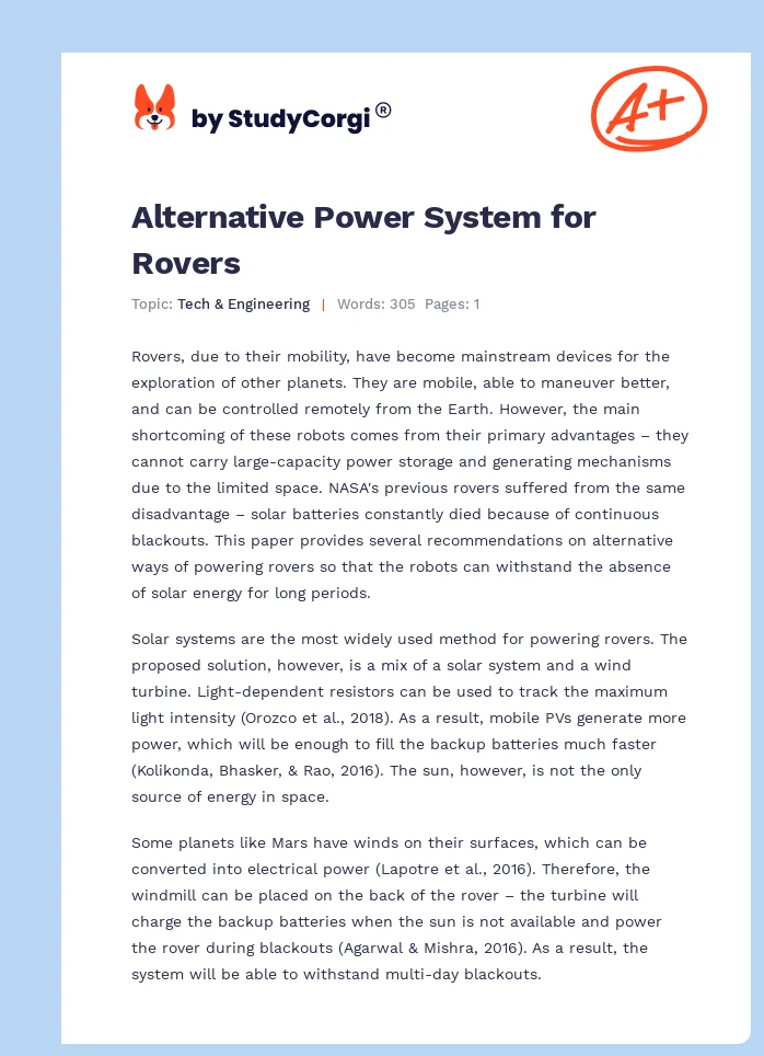 Alternative Power System for Rovers. Page 1