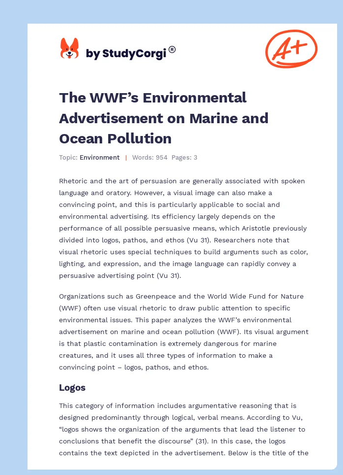 The WWF’s Environmental Advertisement on Marine and Ocean Pollution. Page 1