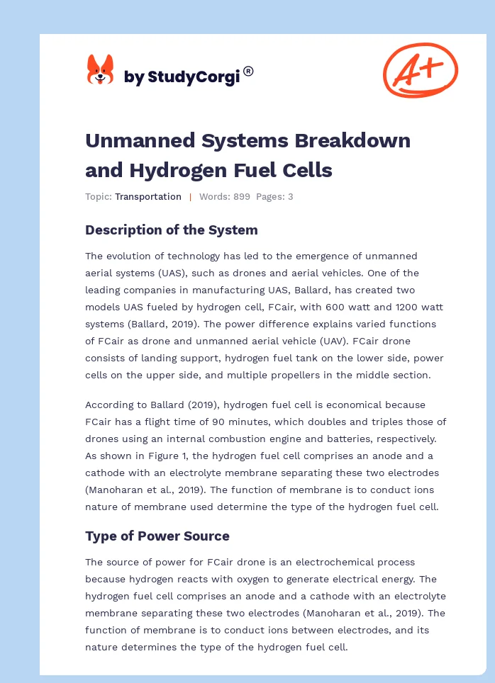 Unmanned Systems Breakdown and Hydrogen Fuel Cells. Page 1