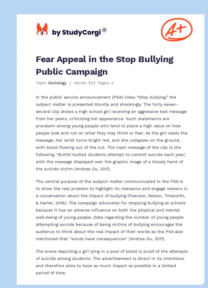 Fear Appeal in the Stop Bullying Public Campaign. Page 1
