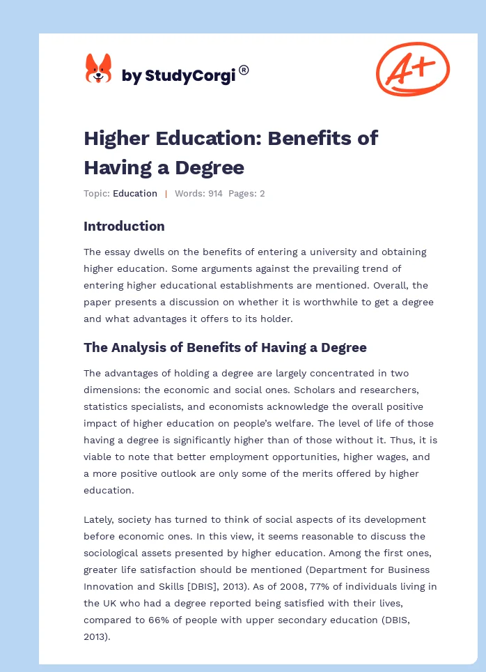 Higher Education: Benefits of Having a Degree. Page 1