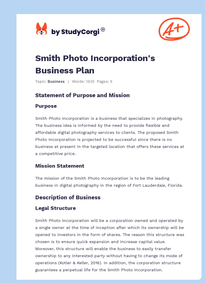 Smith Photo Incorporation's Business Plan. Page 1