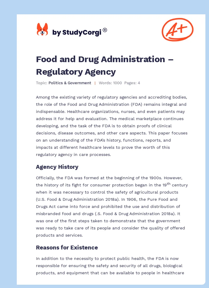 Food and Drug Administration – Regulatory Agency. Page 1
