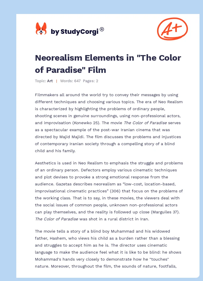 Neorealism Elements in "The Color of Paradise" Film. Page 1