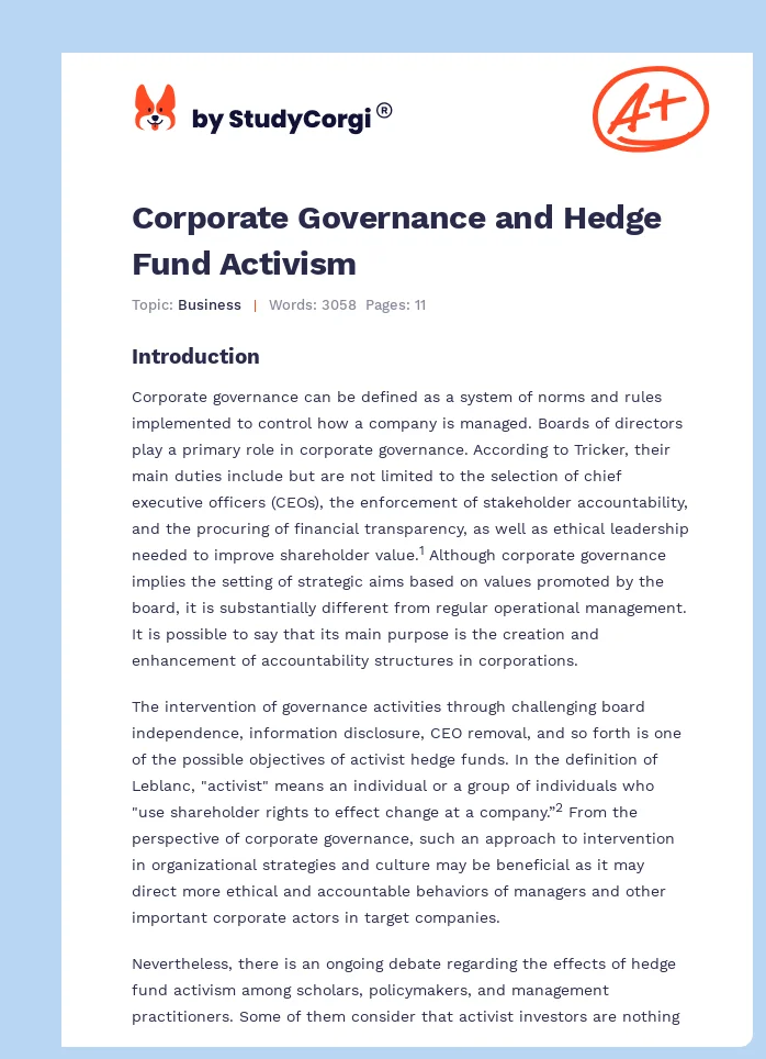 Corporate Governance and Hedge Fund Activism. Page 1