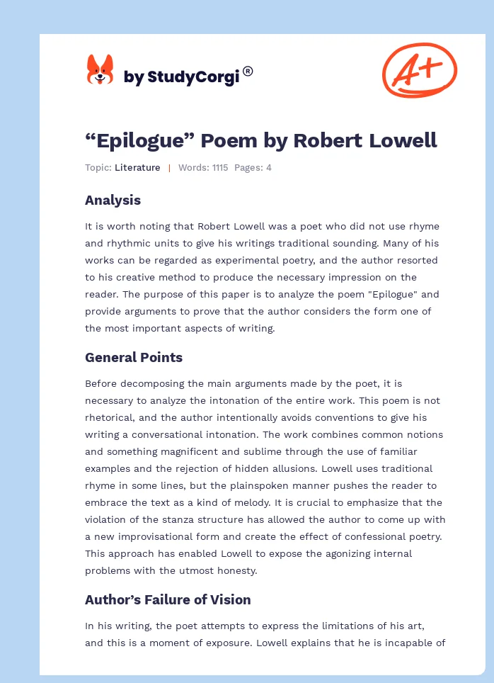 “Epilogue” Poem by Robert Lowell. Page 1