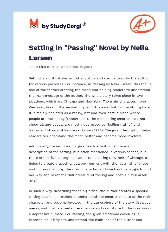 Setting in "Passing" Novel by Nella Larsen. Page 1