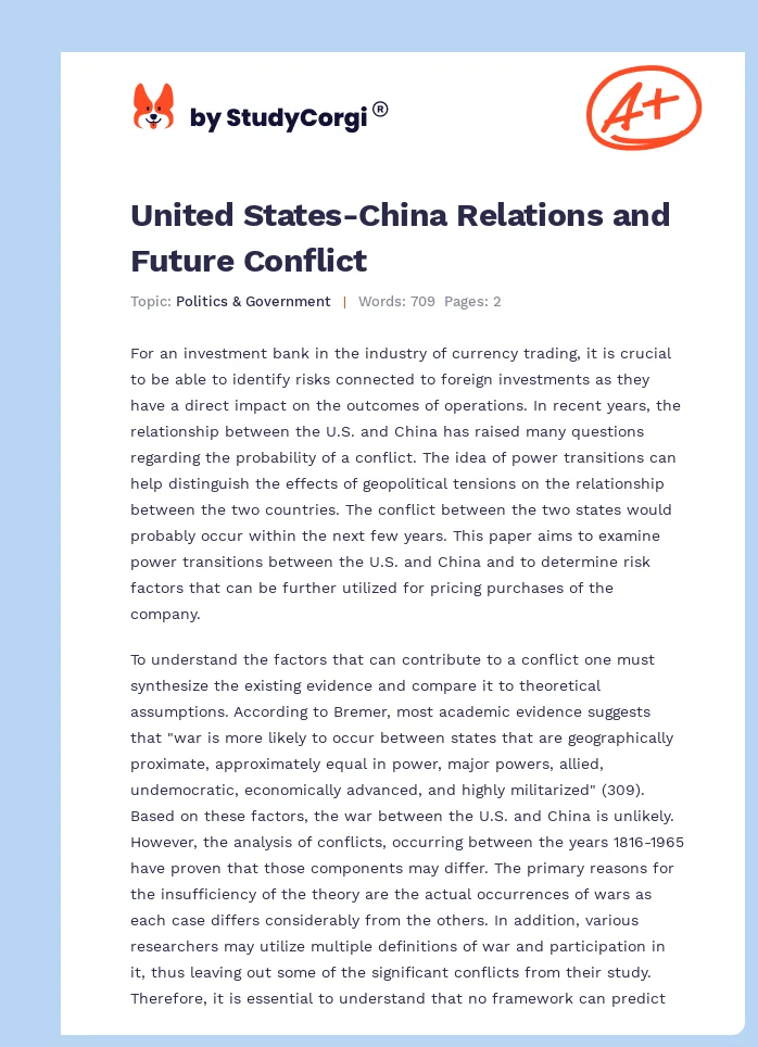 United States-China Relations and Future Conflict. Page 1
