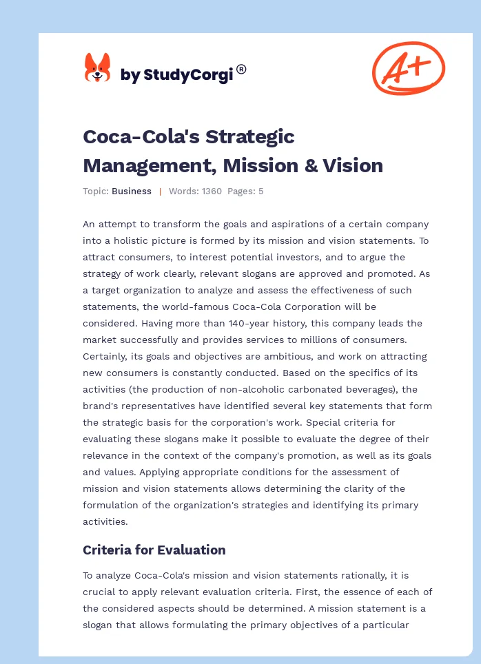 Coca-Cola's Strategic Management, Mission & Vision. Page 1