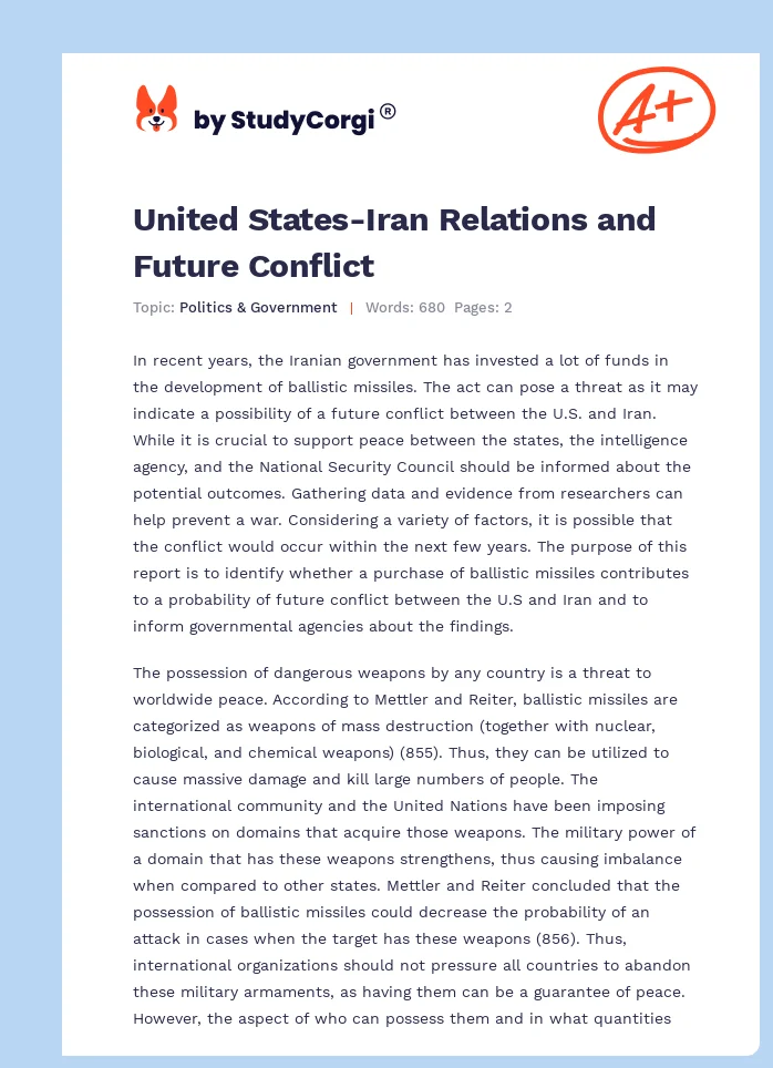 United States-Iran Relations and Future Conflict. Page 1
