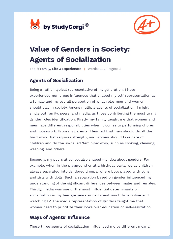 Value of Genders in Society: Agents of Socialization. Page 1
