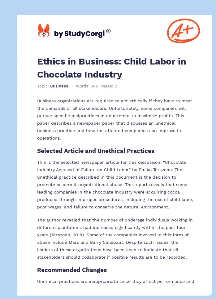 Ethics in Business: Child Labor in Chocolate Industry. Page 1