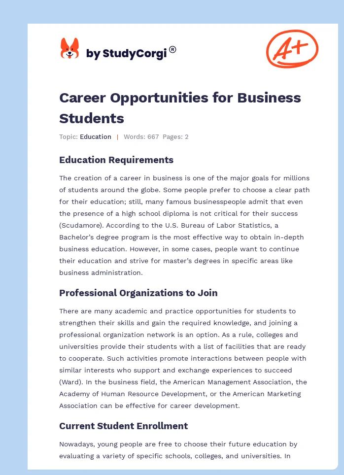 Career Opportunities for Business Students. Page 1