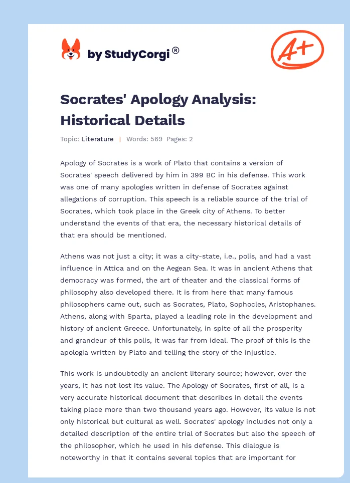 Socrates' Apology Analysis: Historical Details. Page 1