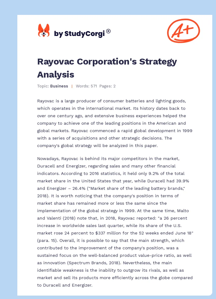 Rayovac Corporation's Strategy Analysis. Page 1