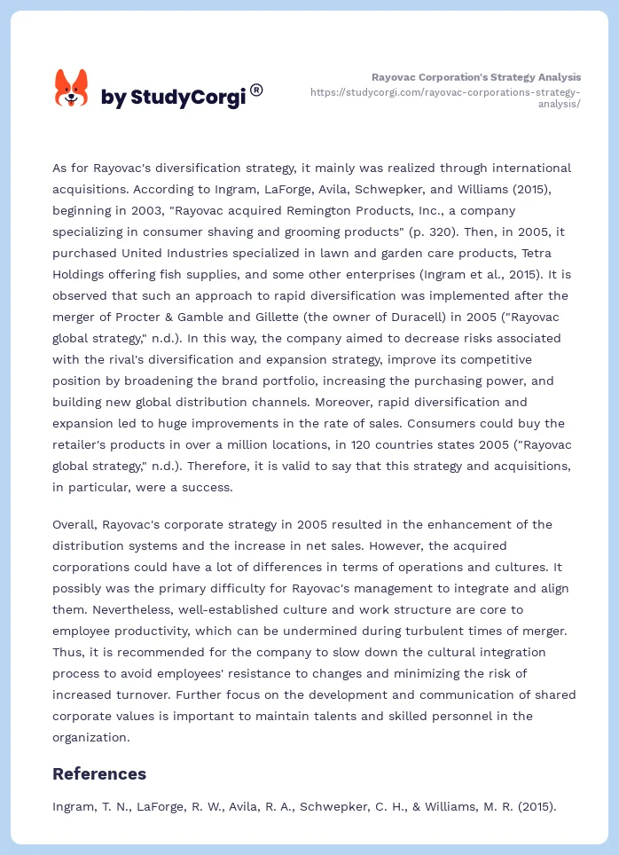 Rayovac Corporation's Strategy Analysis. Page 2