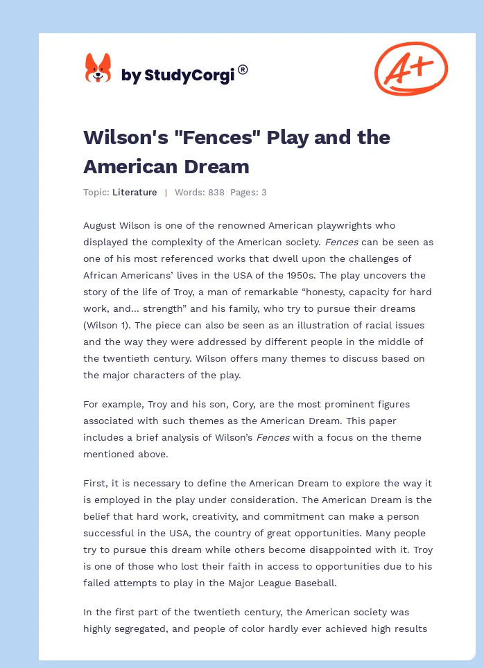 Wilson's "Fences" Play and the American Dream. Page 1