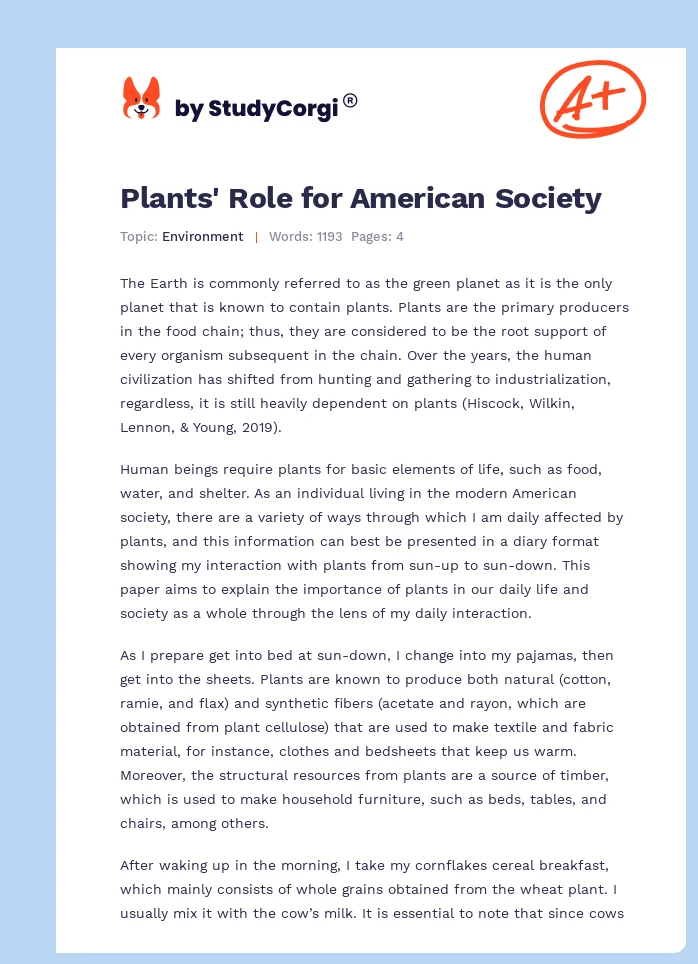 Plants' Role for American Society. Page 1