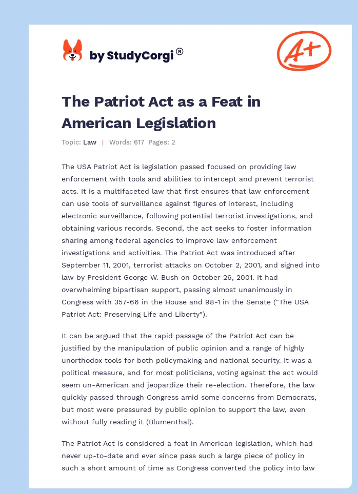 The Patriot Act as a Feat in American Legislation. Page 1