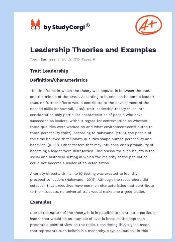 Leadership Theories and Examples. Page 1