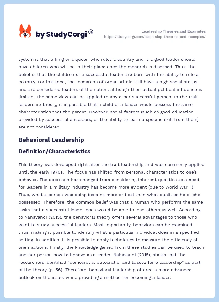 Leadership Theories and Examples. Page 2