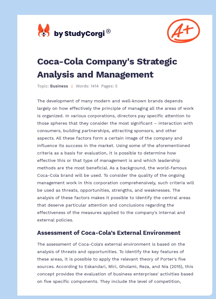 Coca-Cola Company's Strategic Analysis and Management. Page 1