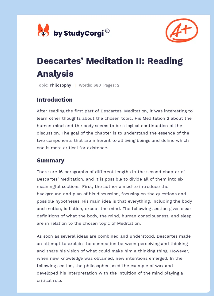 Descartes’ Meditation II: Reading Analysis. Page 1