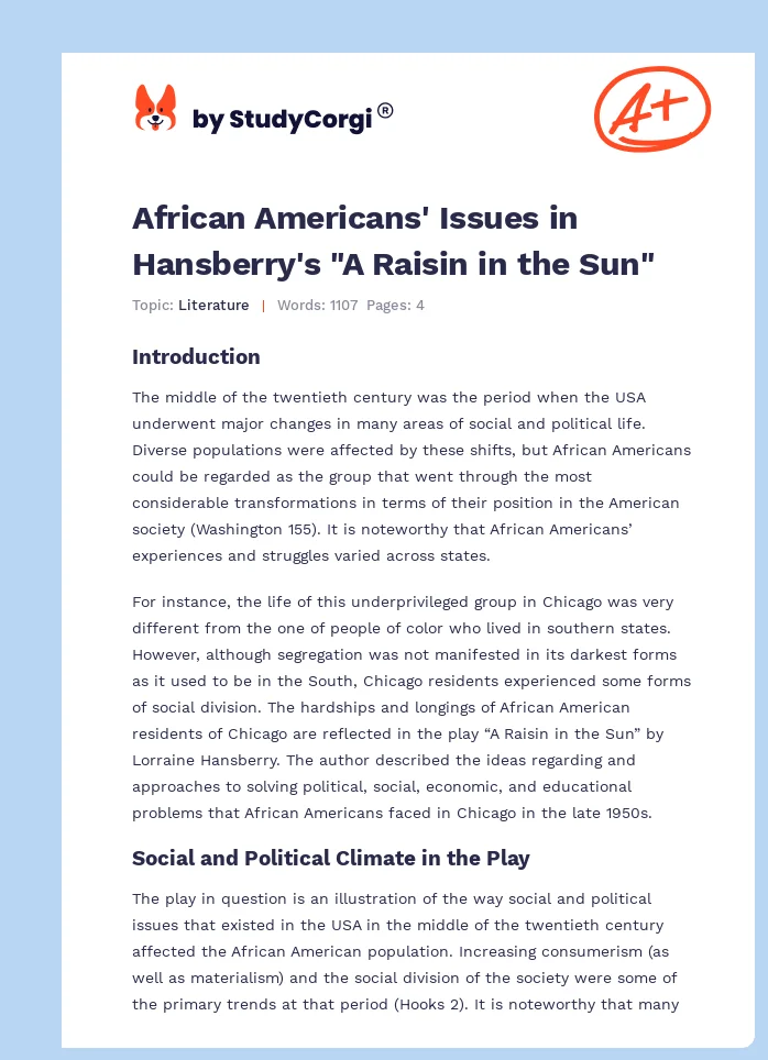 African Americans' Issues in Hansberry's "A Raisin in the Sun". Page 1