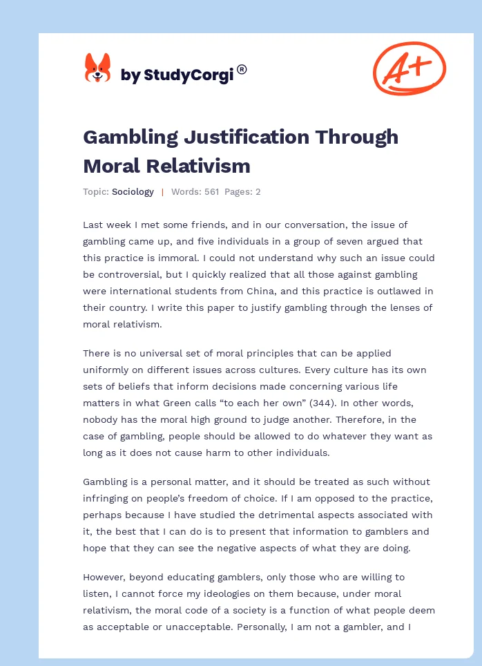 Gambling Justification Through Moral Relativism. Page 1