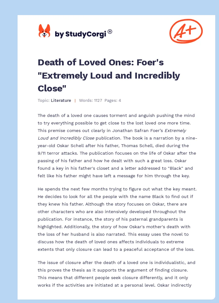 Death of Loved Ones: Foer's "Extremely Loud and Incredibly Close". Page 1