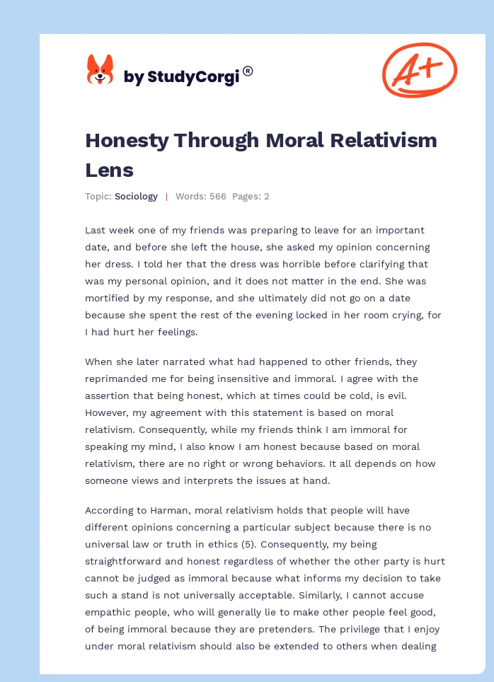 Honesty Through Moral Relativism Lens. Page 1