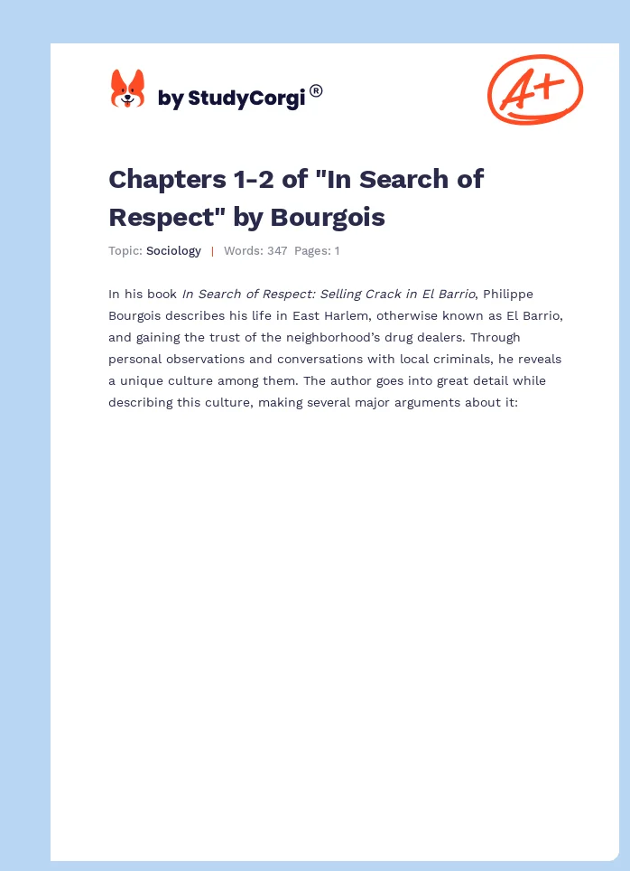 Chapters 1-2 of "In Search of Respect" by Bourgois. Page 1