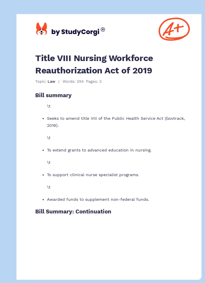 Title VIII Nursing Workforce Reauthorization Act of 2019. Page 1
