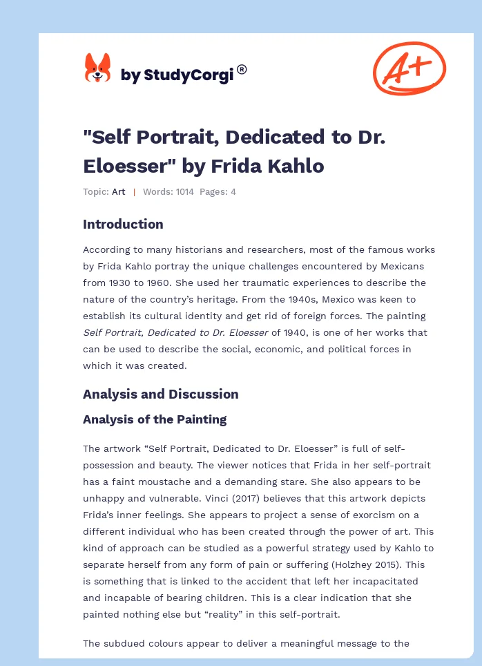 "Self Portrait, Dedicated to Dr. Eloesser" by Frida Kahlo. Page 1