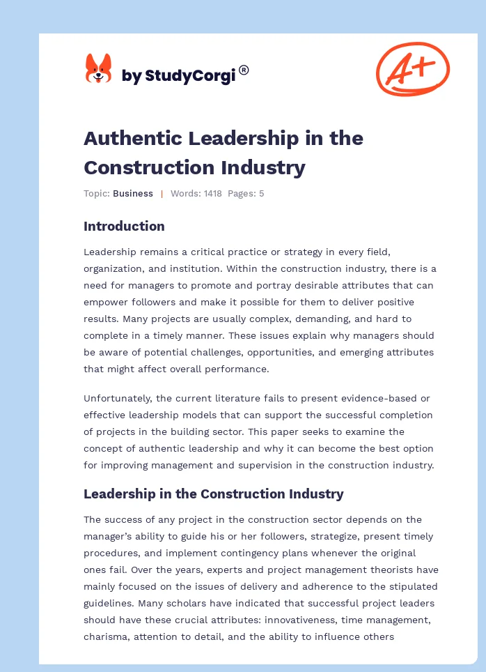 Authentic Leadership in the Construction Industry. Page 1