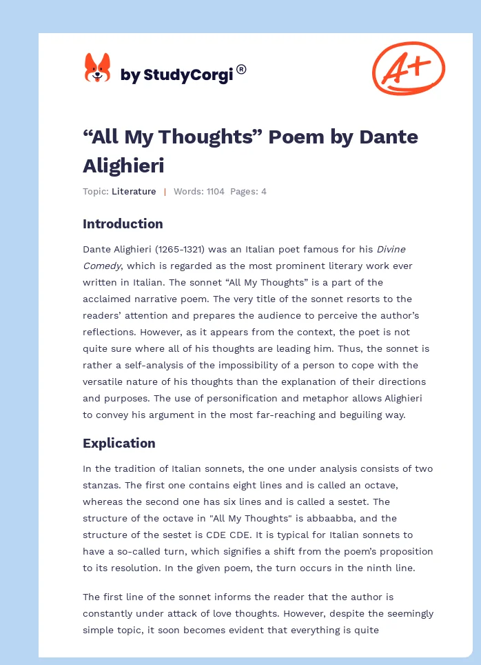 “All My Thoughts” Poem by Dante Alighieri. Page 1