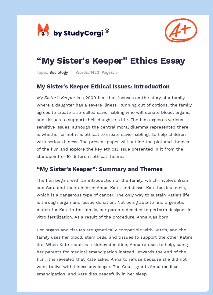 “My Sister's Keeper” Ethics Essay. Page 1