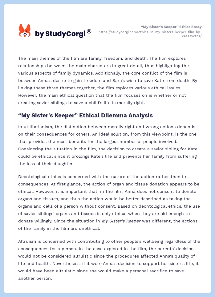 “My Sister's Keeper” Ethics Essay. Page 2