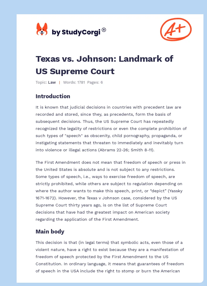 Texas vs. Johnson: Landmark of US Supreme Court. Page 1