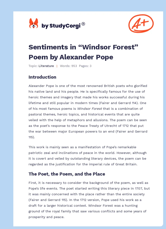 Sentiments in “Windsor Forest” Poem by Alexander Pope. Page 1