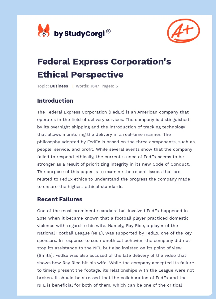 Federal Express Corporation's Ethical Perspective. Page 1