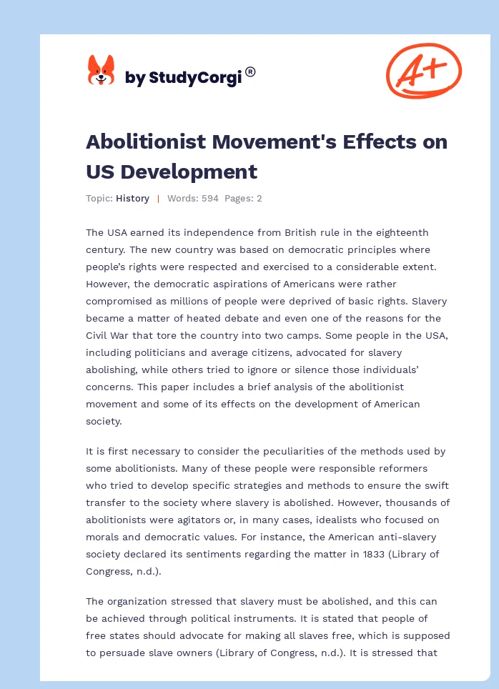 Abolitionist Movement's Effects on US Development. Page 1
