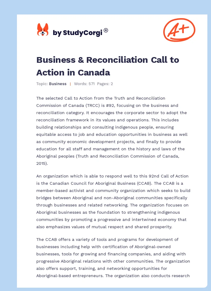 Business & Reconciliation Call to Action in Canada. Page 1